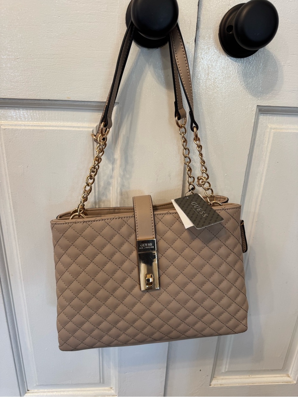 GUESS Cedar Quilted Satchel Tote Bag Handbag Cream Taupe Gold NWT